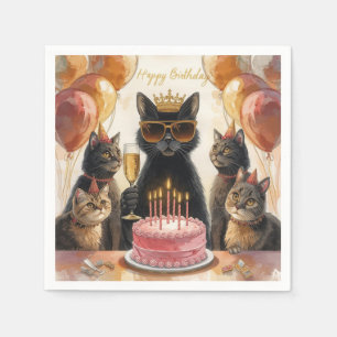 Schwarze-Katzen-Geburtstagsfeier mit rosa Kuchen u Serviette