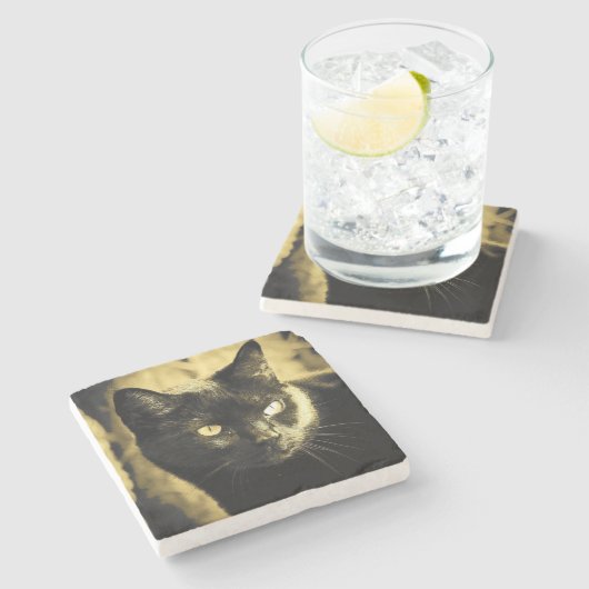 Schwarze Katzen-Gesicht Steinuntersetzer (Seitenansicht)