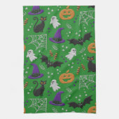 Schwarze Katzen Ghosts Fledermäuse Grünes Muster H Geschirrtuch (Vertikal)