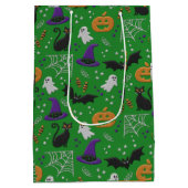 Schwarze Katzen Ghosts Fledermäuse Grünes Muster H Mittlere Geschenktüte (Rückseite)