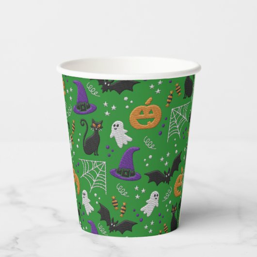 Schwarze Katzen Ghosts Fledermäuse Grünes Muster H Pappbecher (Rückseite)