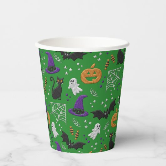 Schwarze Katzen Ghosts Fledermäuse Grünes Muster H Pappbecher (Vorderseite)