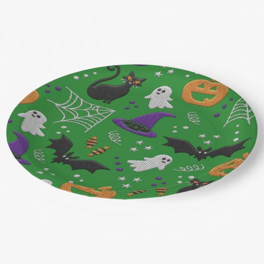 Schwarze Katzen Ghosts Fledermäuse Grünes Muster H Pappteller (Schrägansicht)