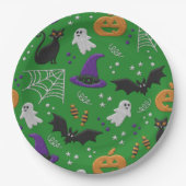 Schwarze Katzen Ghosts Fledermäuse Grünes Muster H Pappteller (Vorderseite)