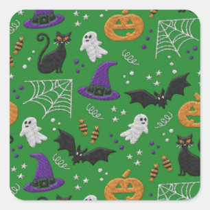 Schwarze Katzen Ghosts Fledermäuse Grünes Muster H Quadratischer Aufkleber