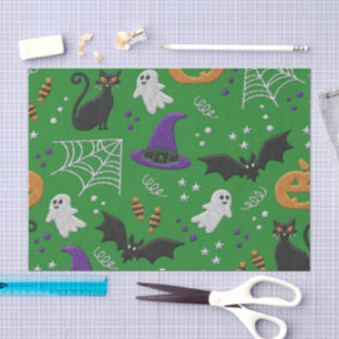 Schwarze Katzen Ghosts Fledermäuse Grünes Muster H Seidenpapier