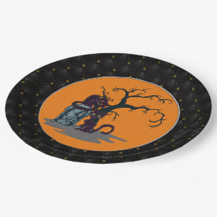 Schwarze Katzen Grabstein Tree Halloween Pappteller