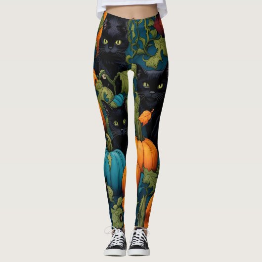 Schwarze Katzen im Kürbispflaster, Halloween Leggings (Vorderseite)