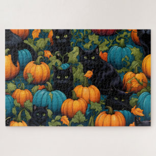 Schwarze Katzen im Kürbispflaster - Halloween Puzzle