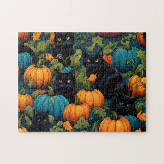 Schwarze Katzen im Kürbispflaster - Halloween Puzzle (Horizontal)