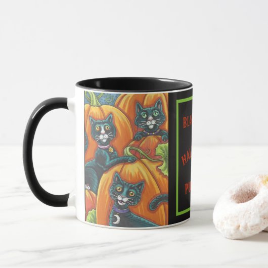 SCHWARZE KATZEN IN DER PFLANZENPFLASCHE HALLOWEEN  TASSE (Mit Donut)
