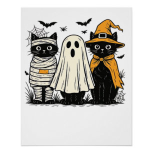 Schwarze Katzen in Halloween-Kostümen � Geist, Hex Poster
