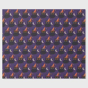 Schwarze Katzen in Hexenhüten Halloween-Muster Geschenkpapier
