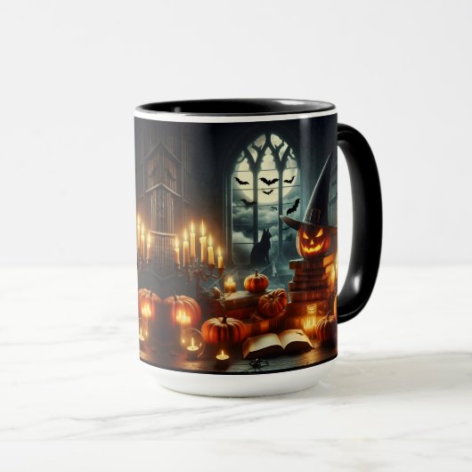 Schwarze Katzen, Jack-O-Lantern und Fledermäuse Tasse (VorderseiteRechts)