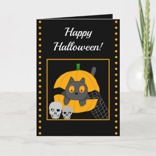 Schwarze Katzen-Kürbis-Totenkopf-Kinder-Halloween Karte