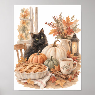 Schwarze Katzen-Kürbiskuchen-Vintage-Herbstküche Poster