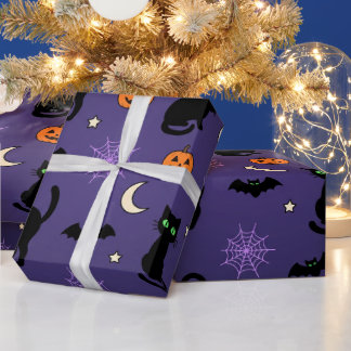 Schwarze Katzen Kürbisse Fledermäuse Lila Hallowee Geschenkpapier