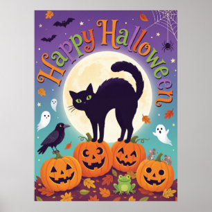 Schwarze Katzen-Kürbisse-Mond-Halloween-Plakat Poster