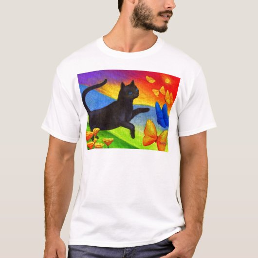 Schwarze Katzen-Malerei-Schmetterlings-Kunst - T-Shirt (Vorderseite)