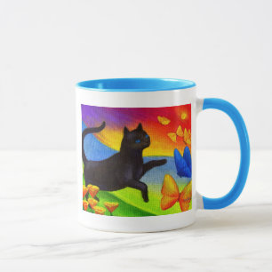 Schwarze Katzen-Malerei-Schmetterlings-Kunst - Tasse