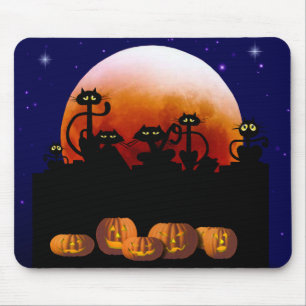 Schwarze Katzen, Mond, Kürbise Mousepad