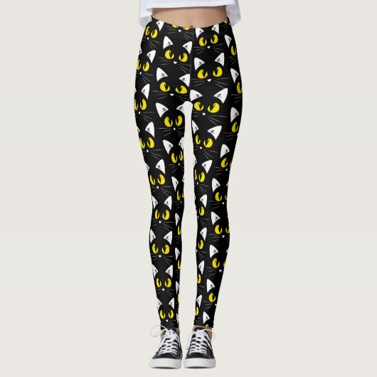 Schwarze Katzen-Muster Halloweens Leggings (Vorderseite)