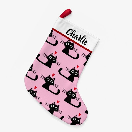 Schwarze Katzen Muster mit benutzerdefiniertem Tex Kleiner Weihnachtsstrumpf (Vorderansicht (hängend))