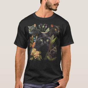 Schwarze Katzen Portraits florale Art Katze Pet L T-Shirt