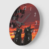 Schwarze Katzen Rote Sonnenuntergang nummerierte W Große Wanduhr (Winkel)
