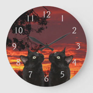 Schwarze Katzen Rote Sonnenuntergang nummerierte W Große Wanduhr