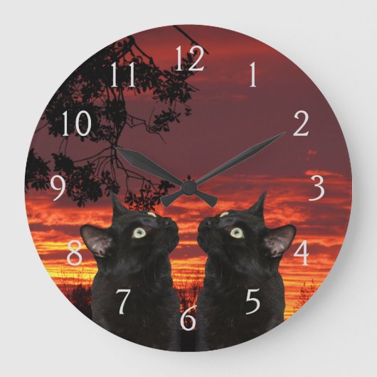 Schwarze Katzen Rote Sonnenuntergang nummerierte W Große Wanduhr (Vorderseite)