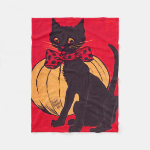 Schwarze Katzen-Schleife Kürbis Vintage Fleecedecke
