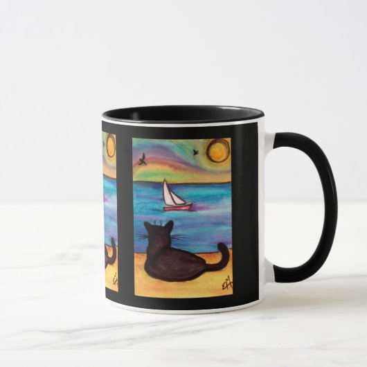 Schwarze Katzen-Segelboot-Uhr Tasse (Rechts)
