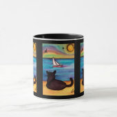 Schwarze Katzen-Segelboot-Uhr Tasse (Zentrum)