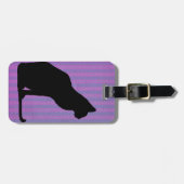 Schwarze Katzen-Silhouette auf lila Streifen Gepäckanhänger (Vorderseite horizontal)