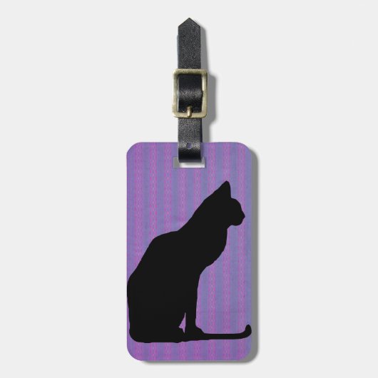 Schwarze Katzen-Silhouette auf lila Streifen Gepäckanhänger (Vorderseite vertikal)