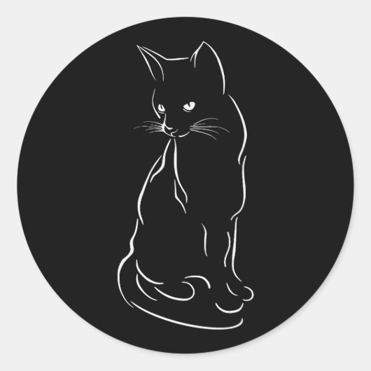 Schwarze Katzen-Silhouette sitzen | Handgezeichnet Runder Aufkleber (Vorderseite)