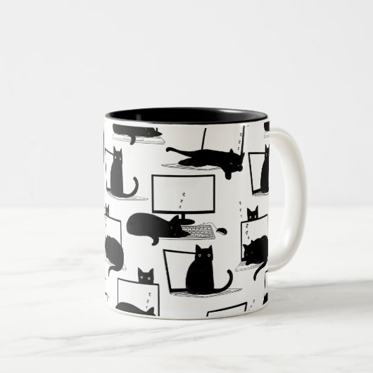 Schwarze Katzen sitzen auf Laptops Muster Kaffee T Zweifarbige Tasse (VorderseiteRechts)
