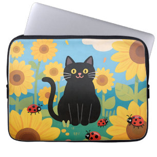 Schwarze Katzen Sonnenblumen Marienkäfer Laptopschutzhülle