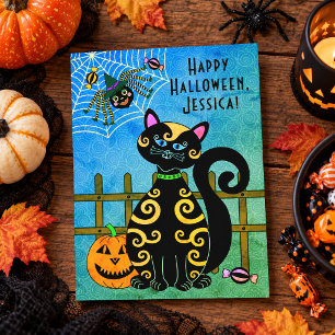 Schwarze Katzen-Spinne Hexe Benutzername Halloween Feiertagspostkarte