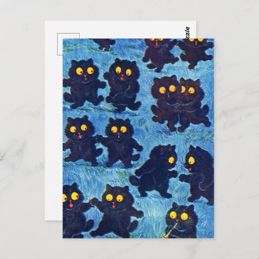 Schwarze Katzen tanzen im Mondlicht, Louis Wain Postkarte (Vorne/Hinten)