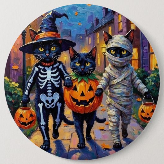 Schwarze Katzen Trick-or-Treating in Halloween-Kos Button (Vorderseite)