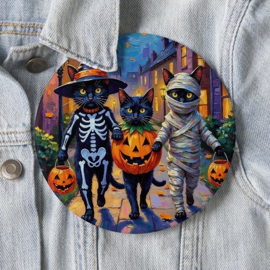 Schwarze Katzen Trick-or-Treating in Halloween-Kos Button (Beispiel)