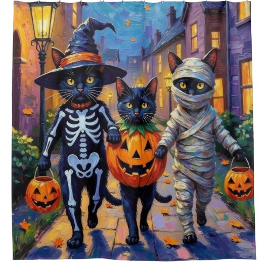 Schwarze Katzen Trick-or-Treating in Halloween-Kos Duschvorhang (Vorderseite)