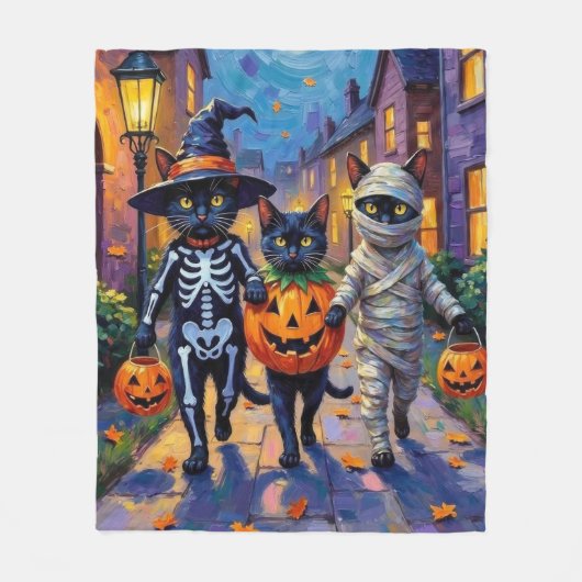 Schwarze Katzen Trick-or-Treating in Halloween-Kos Fleecedecke (Vorderseite)