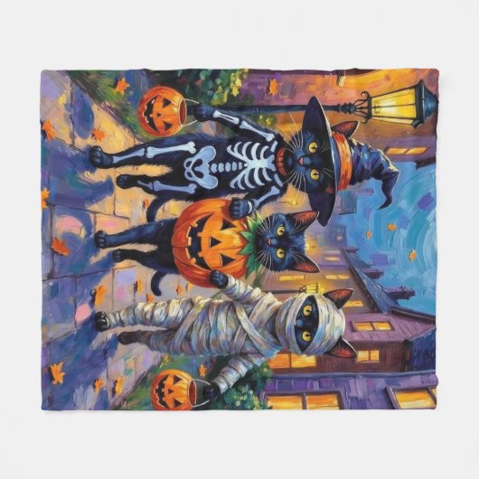 Schwarze Katzen Trick-or-Treating in Halloween-Kos Fleecedecke (Vorderseite (Horizontal))
