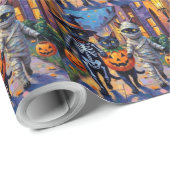 Schwarze Katzen Trick-or-Treating in Halloween-Kos Geschenkpapier (Rolleneckpunkt)