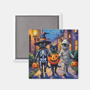 Schwarze Katzen Trick-or-Treating in Halloween-Kos Magnet