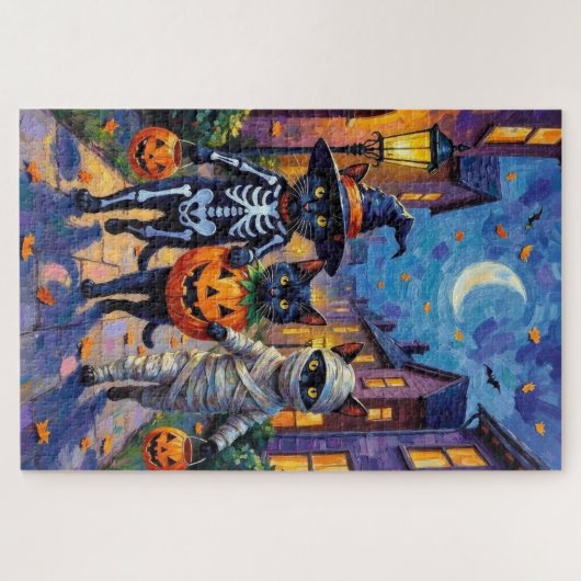 Schwarze Katzen Trick-or-Treating in Halloween-Kos Puzzle (Horizontal)