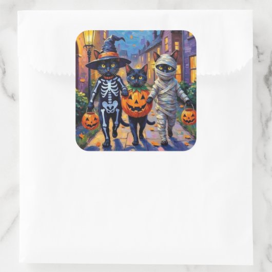 Schwarze Katzen Trick-or-Treating in Halloween-Kos Quadratischer Aufkleber (Tasche)